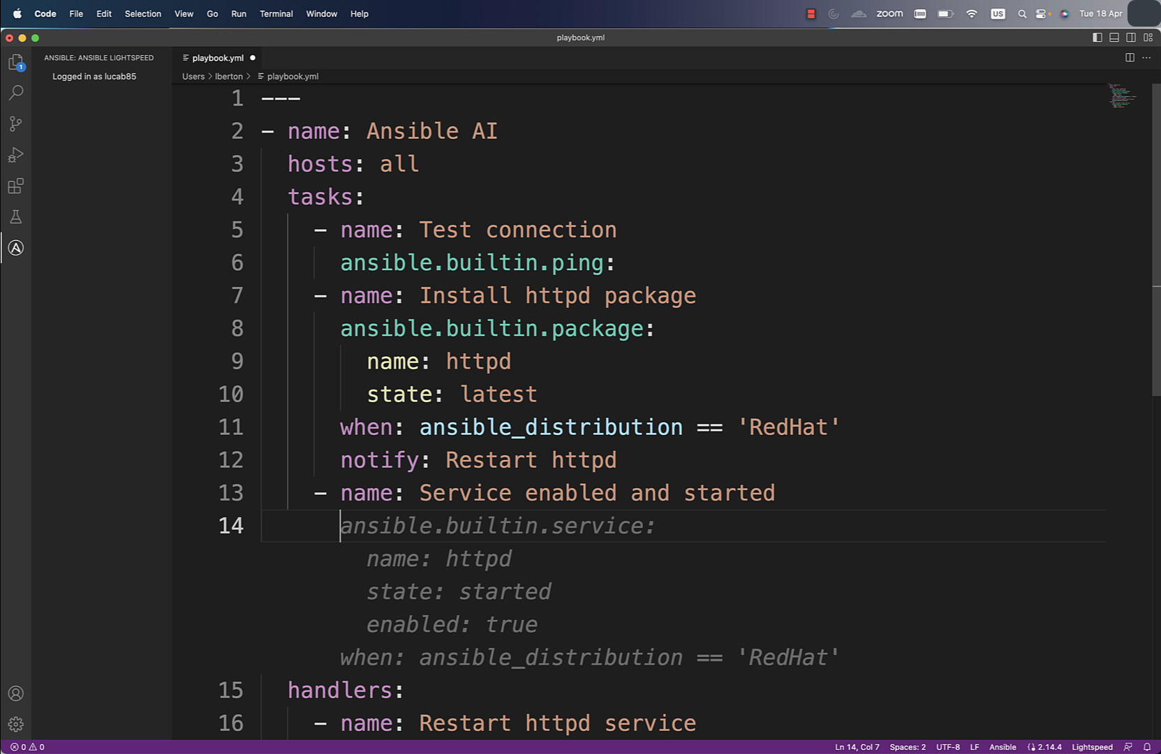 Ansible Lightspeed usage on Visual Studio Code