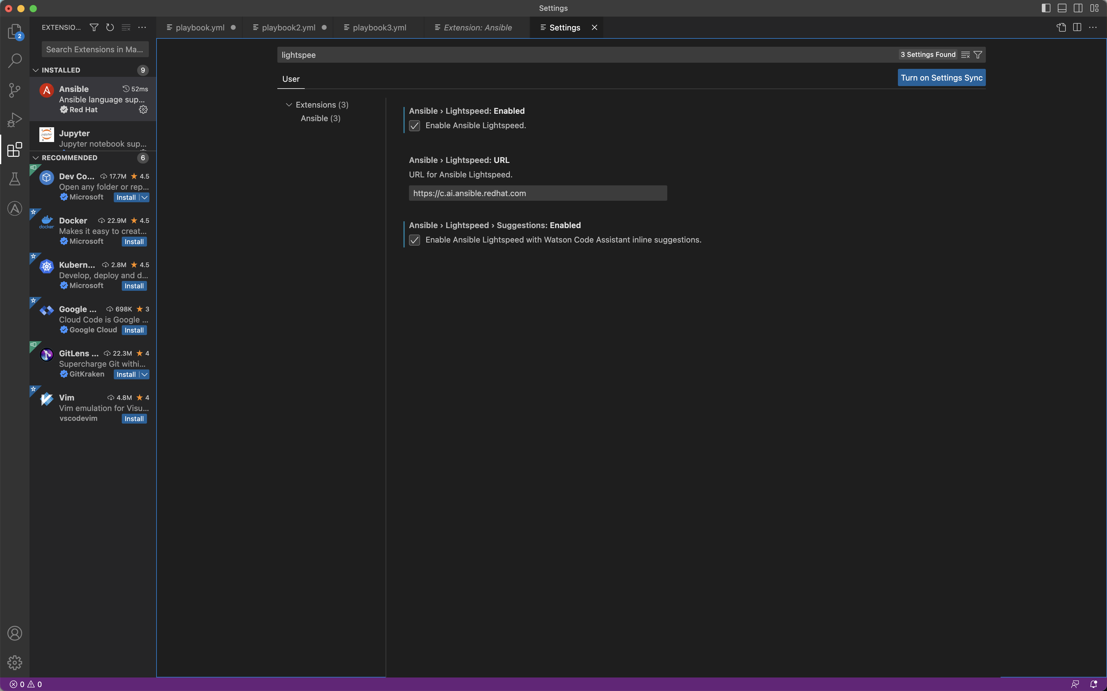 Ansible Lightspeed setting on Visual Studio Code