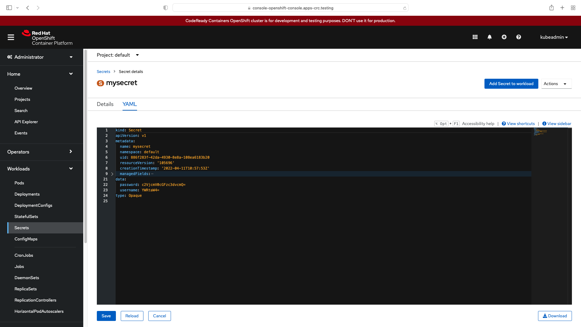 Red Hat CodeReady Containers web UI