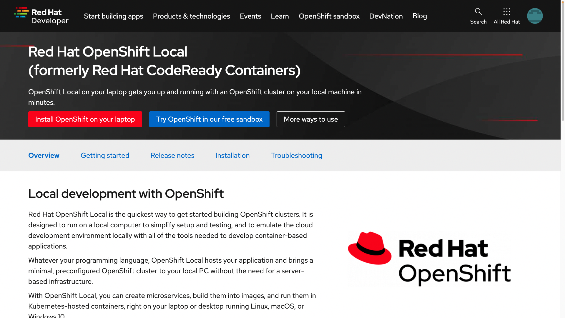 Red Hat OpenShift Local website